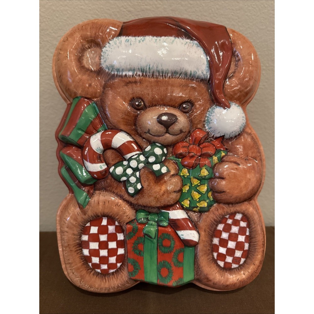 Vintage Ullman Christmas Red 3D Cookie Container Teddy Brown‎ Bear Made in USA